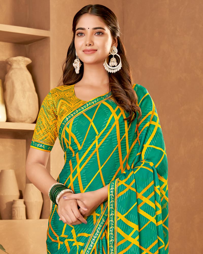 Vishal Prints Teal Green Printed Fancy Chiffon Saree With Fancy Border