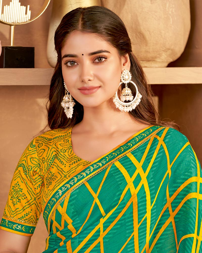 Vishal Prints Teal Green Printed Fancy Chiffon Saree With Fancy Border