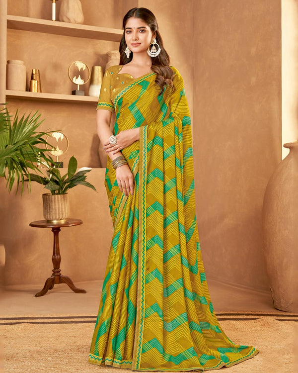 Vishal Prints Olive Yellow Printed Fancy Chiffon Saree With Fancy Border