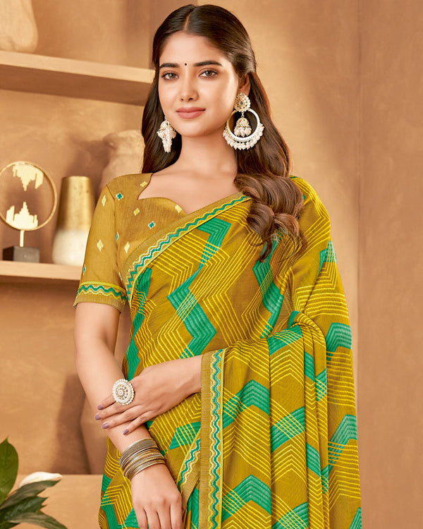 Vishal Prints Olive Yellow Printed Fancy Chiffon Saree With Fancy Border