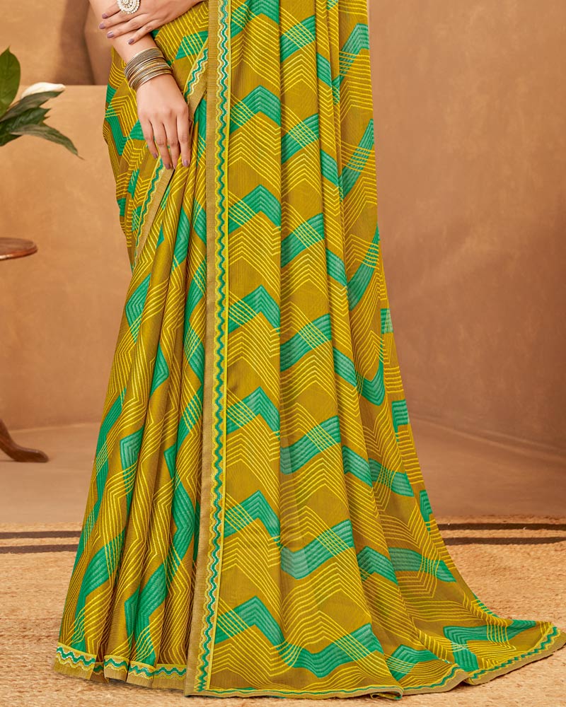 Vishal Prints Olive Yellow Printed Fancy Chiffon Saree With Fancy Border
