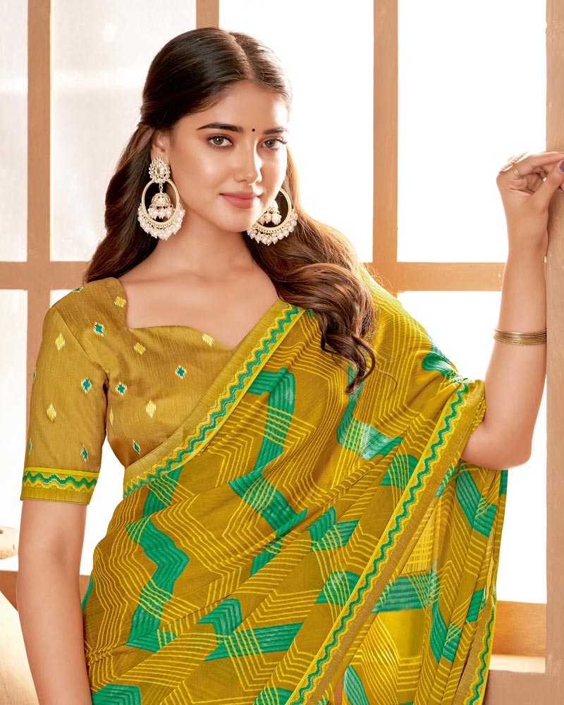 Vishal Prints Olive Yellow Printed Fancy Chiffon Saree With Fancy Border