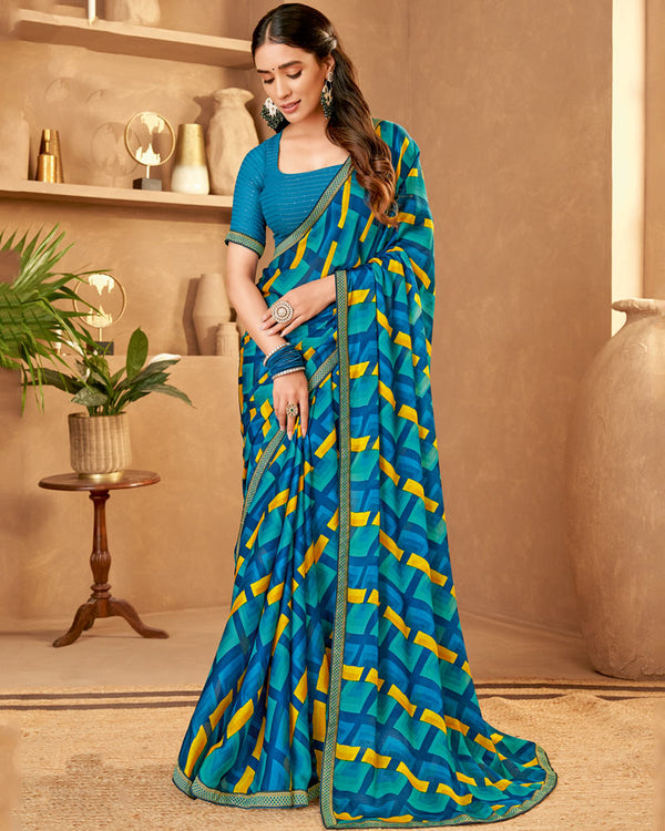 Vishal Prints Deep Sea Blue Printed Fancy Chiffon Saree With Zari Border