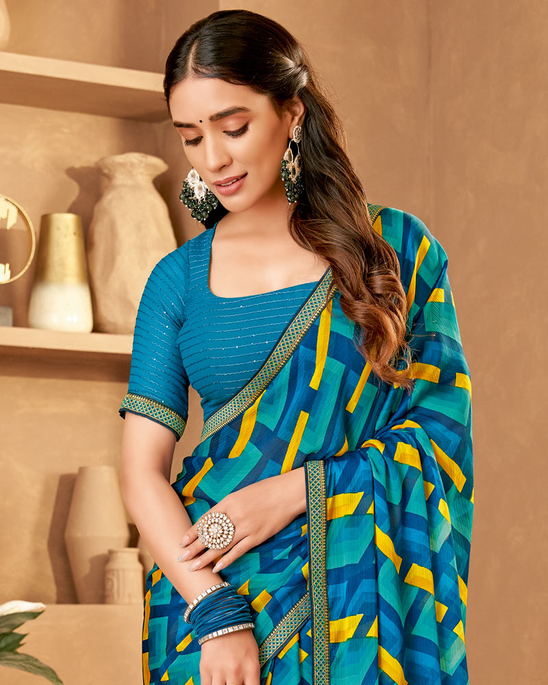 Vishal Prints Deep Sea Blue Printed Fancy Chiffon Saree With Zari Border
