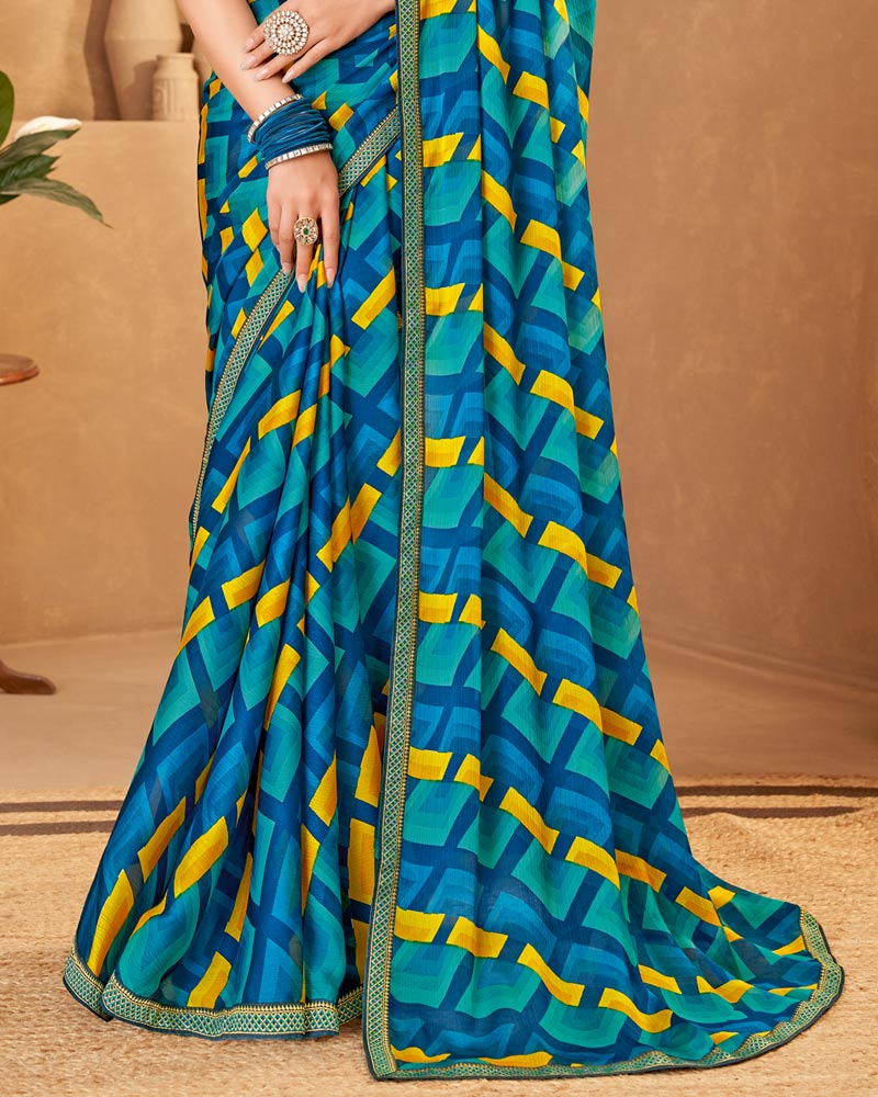 Vishal Prints Deep Sea Blue Printed Fancy Chiffon Saree With Zari Border