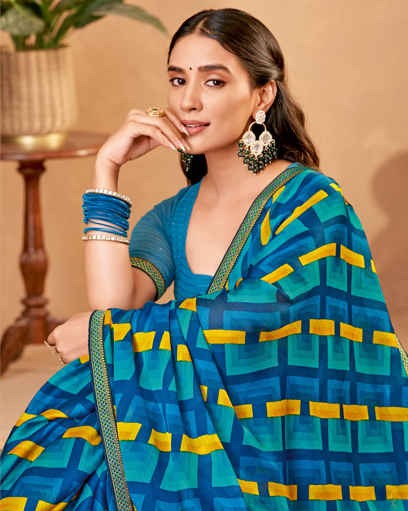 Vishal Prints Deep Sea Blue Printed Fancy Chiffon Saree With Zari Border