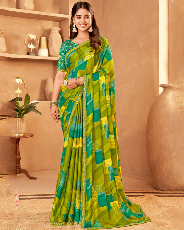 Vishal Prints Mehandi Green Printed Fancy Chiffon Saree With Embroidery Border