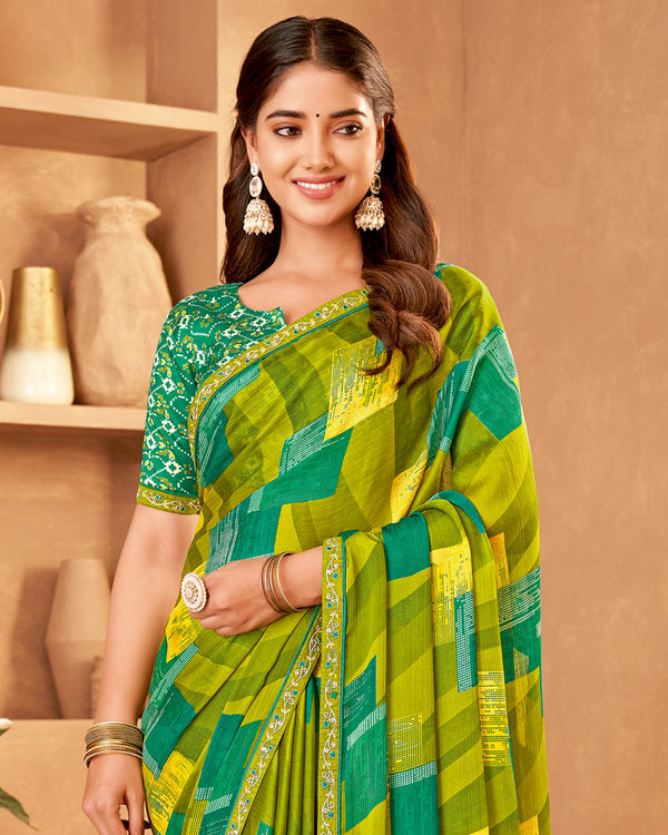 Vishal Prints Mehandi Green Printed Fancy Chiffon Saree With Embroidery Border