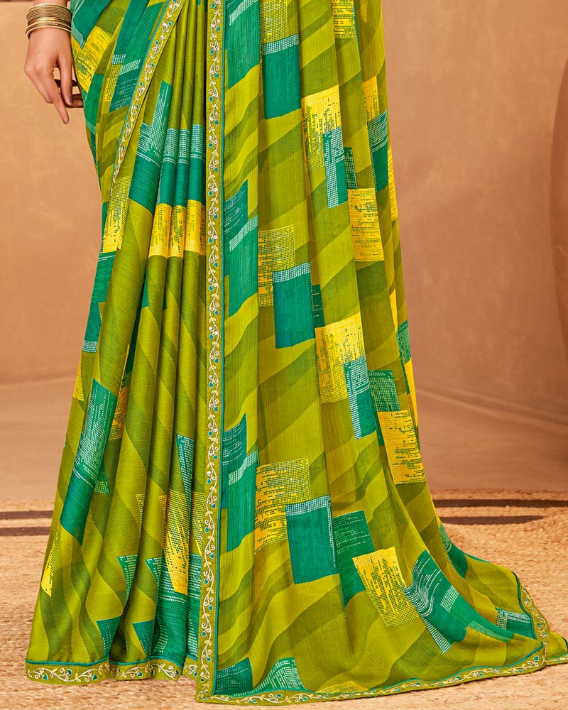 Vishal Prints Mehandi Green Printed Fancy Chiffon Saree With Embroidery Border