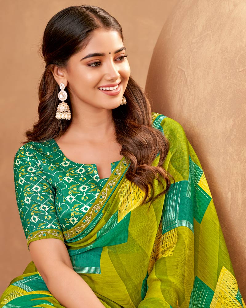 Vishal Prints Mehandi Green Printed Fancy Chiffon Saree With Embroidery Border