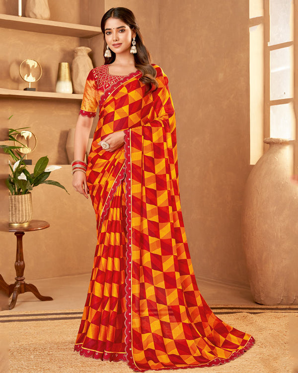 Vishal Prints Cardinal Red Printed Fancy Chiffon Saree With Cut Work Border