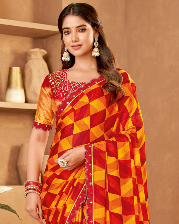 Vishal Prints Cardinal Red Printed Fancy Chiffon Saree With Cut Work Border