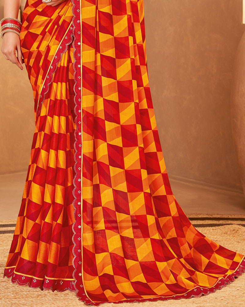 Vishal Prints Cardinal Red Printed Fancy Chiffon Saree With Cut Work Border