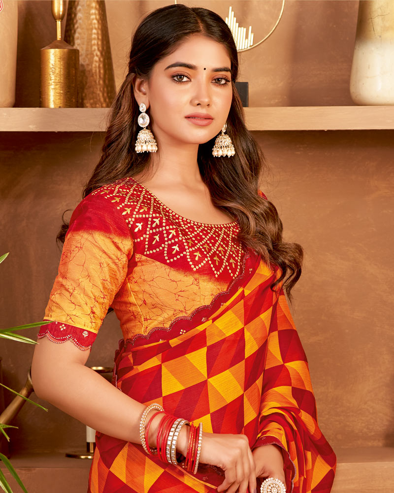 Vishal Prints Cardinal Red Printed Fancy Chiffon Saree With Cut Work Border