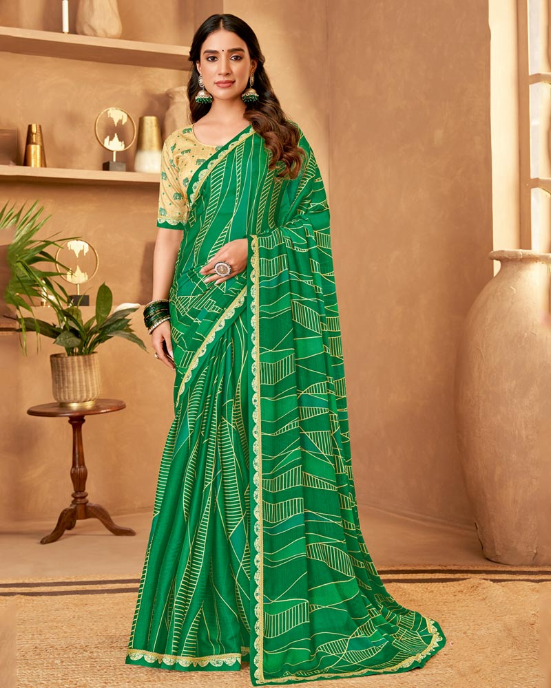 Vishal Prints Irish Green Printed Fancy Chiffon Saree With Fancy Border