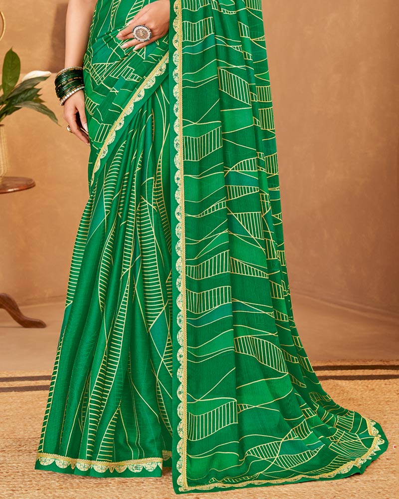 Vishal Prints Irish Green Printed Fancy Chiffon Saree With Fancy Border