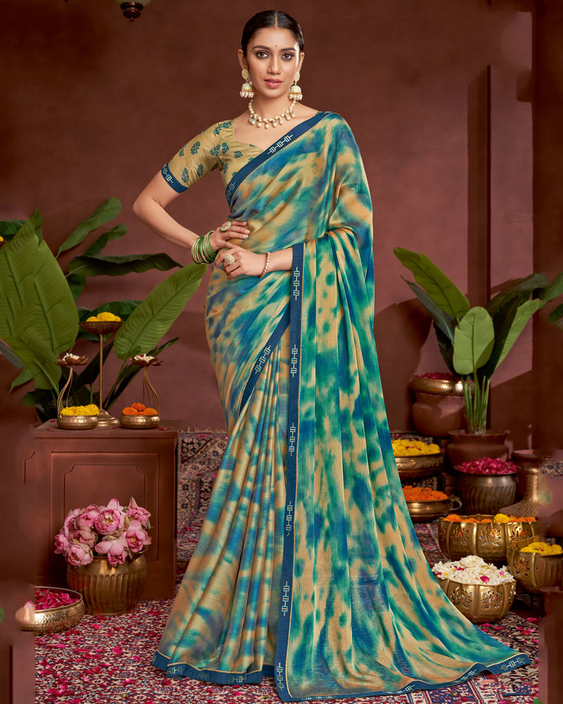 Vishal Prints Jade Blue Printed Fancy Chiffon Saree With Border