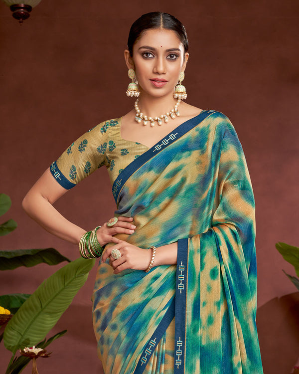 Vishal Prints Jade Blue Printed Fancy Chiffon Saree With Border