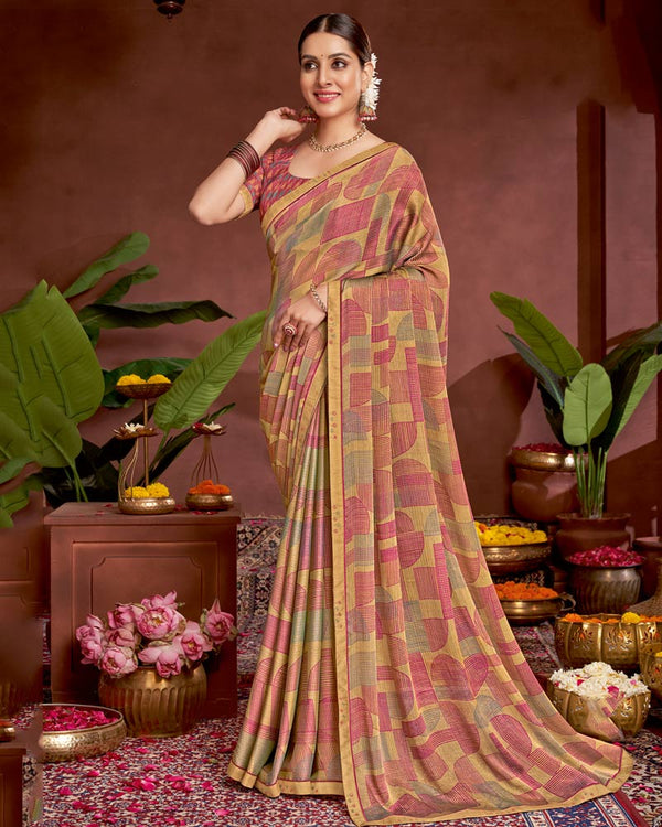 Vishal Prints Fawn Printed Fancy Chiffon Saree With Border