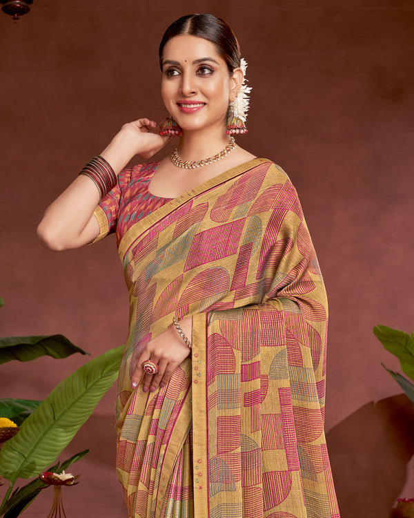 Vishal Prints Fawn Printed Fancy Chiffon Saree With Border