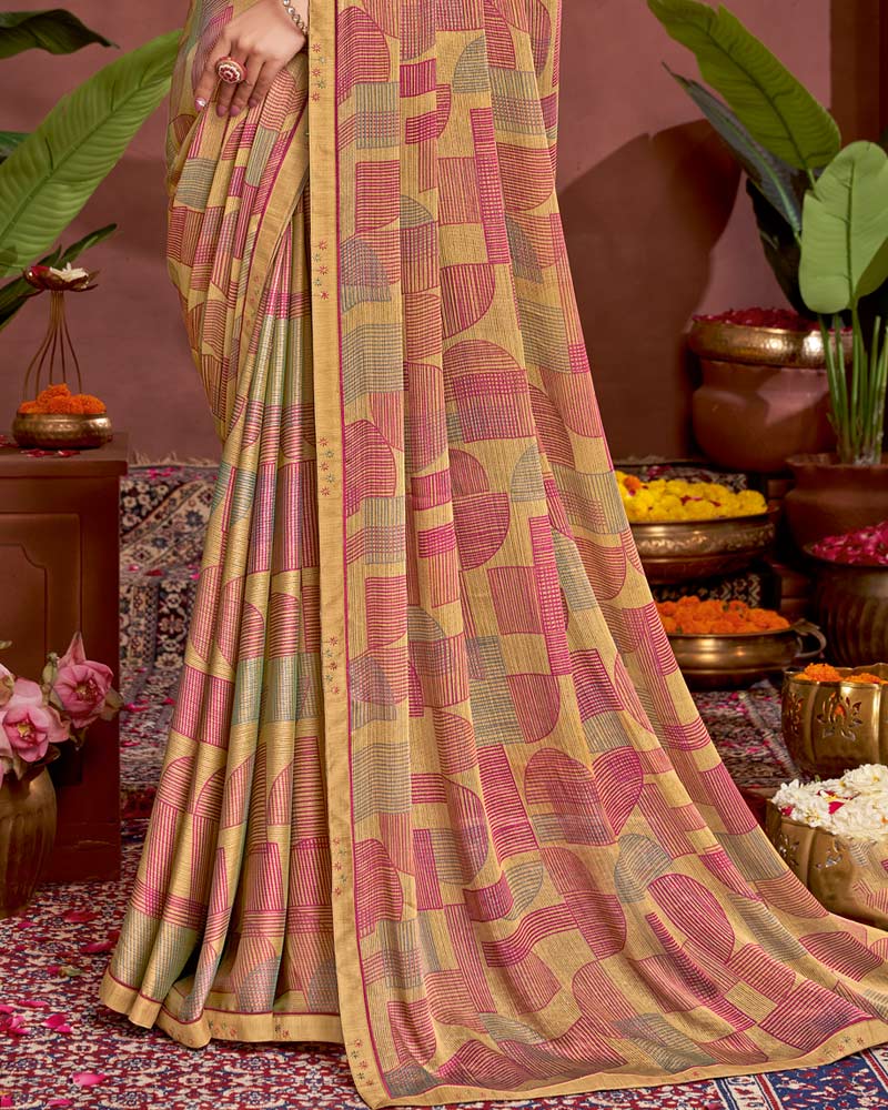 Vishal Prints Fawn Printed Fancy Chiffon Saree With Border