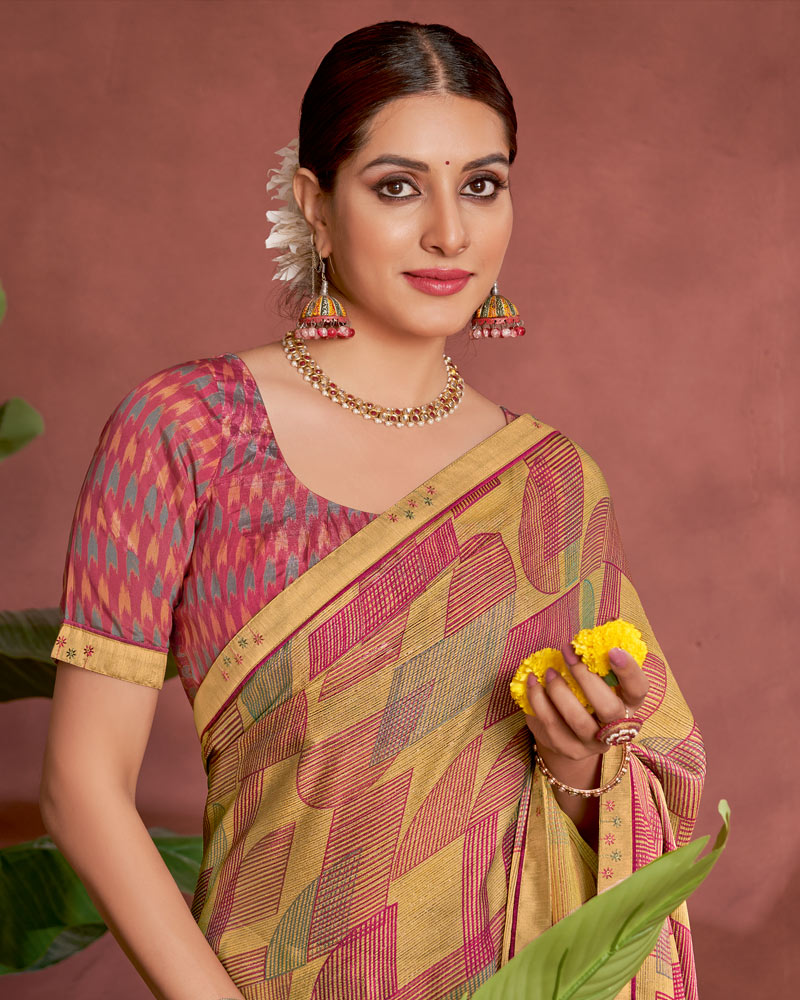 Vishal Prints Fawn Printed Fancy Chiffon Saree With Border
