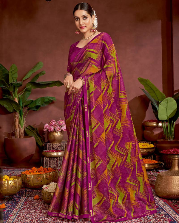 Vishal Prints Dark Fuchsia Printed Fancy Chiffon Saree With Border