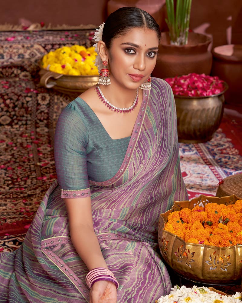 Vishal Prints Dark Lilac Printed Fancy Chiffon Saree With Border