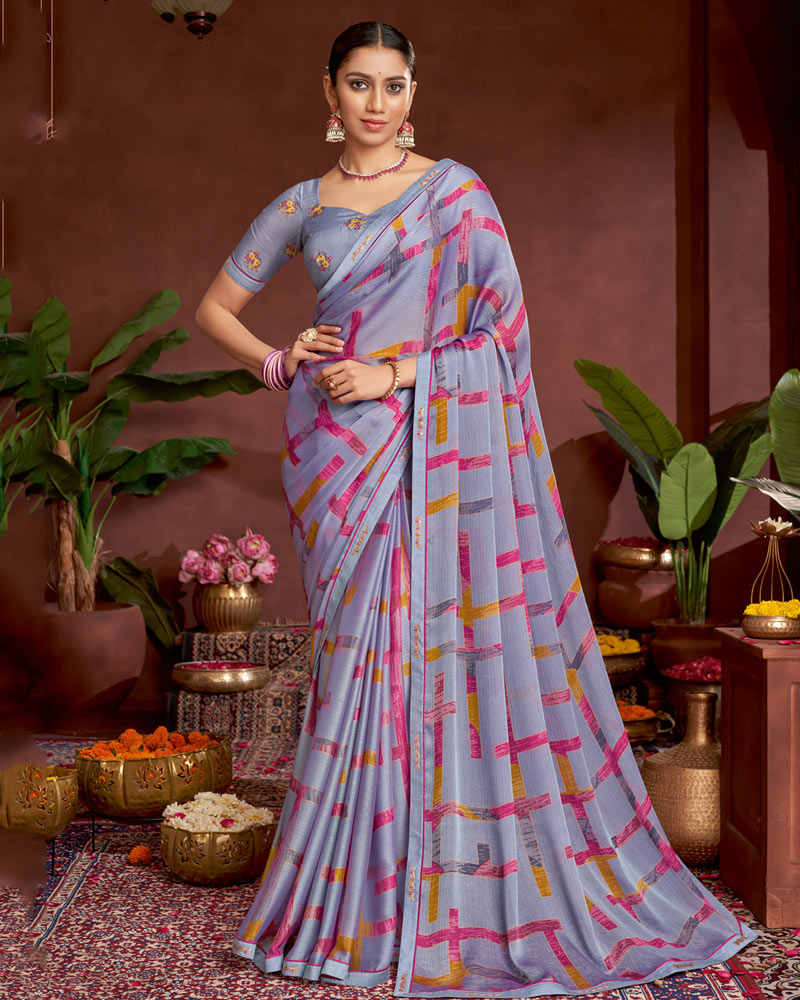 Vishal Prints Greyish Purple Printed Fancy Chiffon Saree With Border