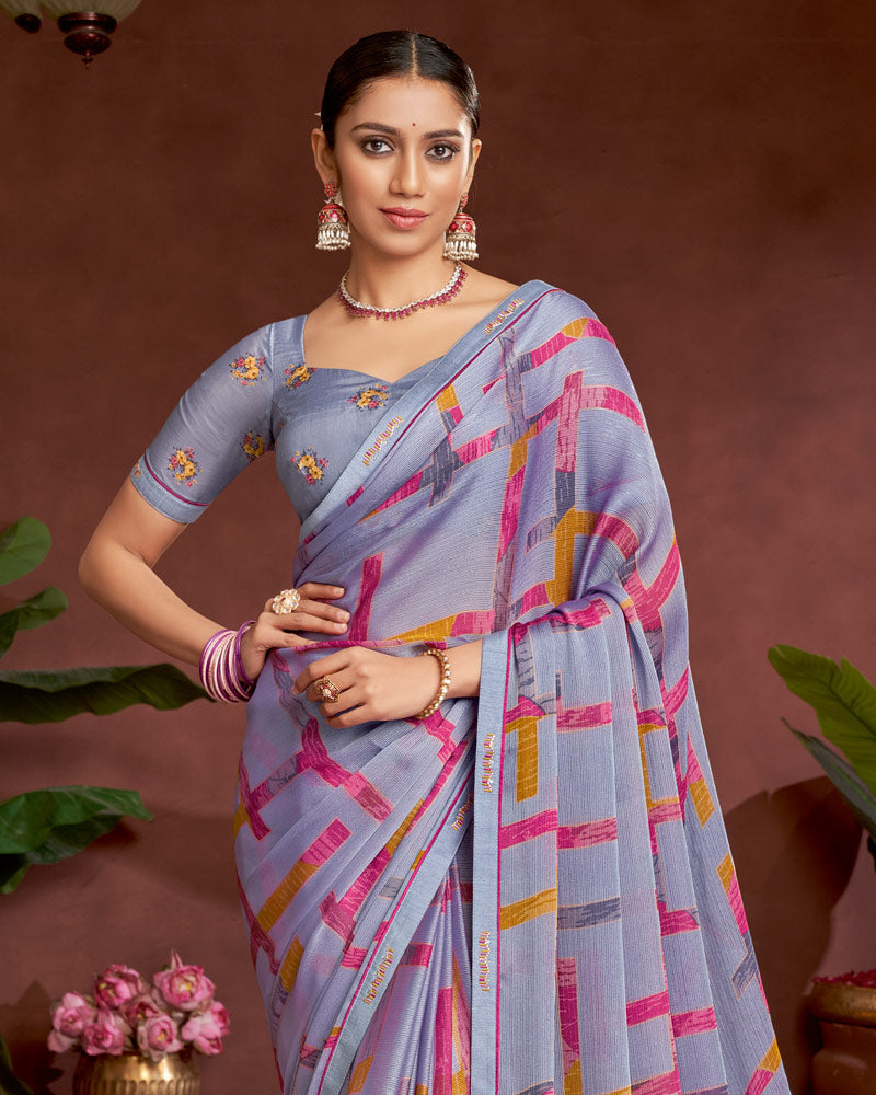 Vishal Prints Greyish Purple Printed Fancy Chiffon Saree With Border