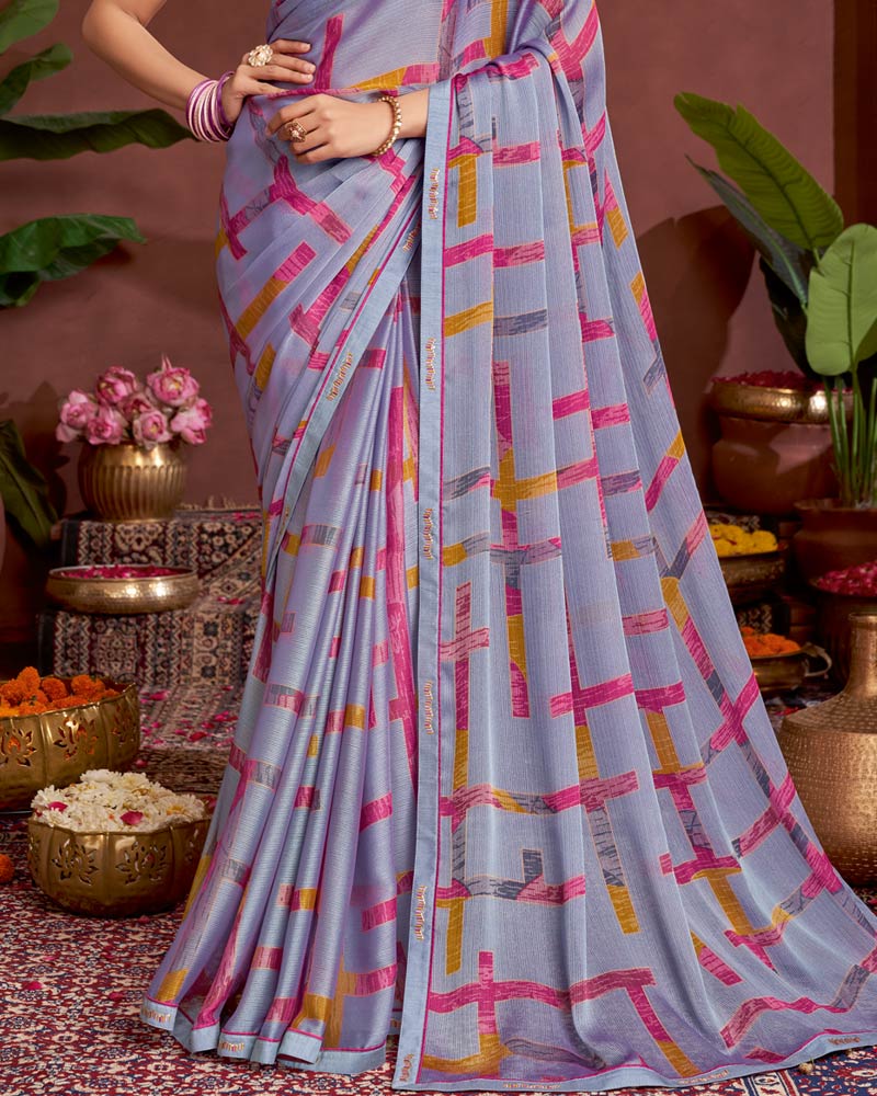 Vishal Prints Greyish Purple Printed Fancy Chiffon Saree With Border