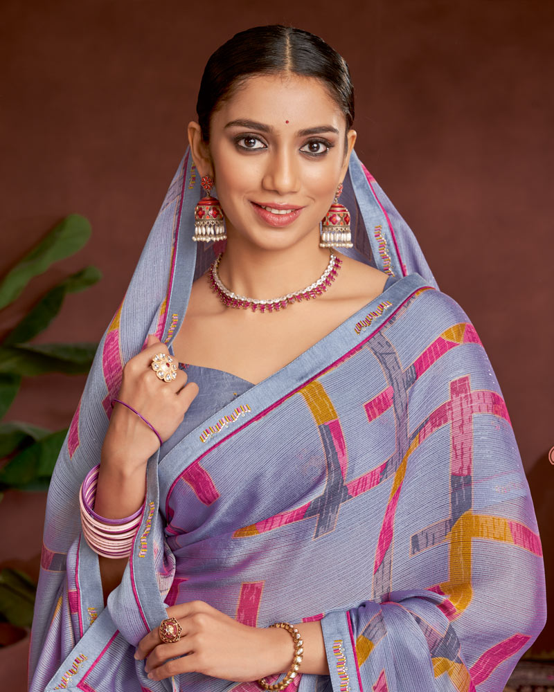 Vishal Prints Greyish Purple Printed Fancy Chiffon Saree With Border