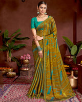 Vishal Prints Mustard Brown Printed Fancy Chiffon Saree With Border