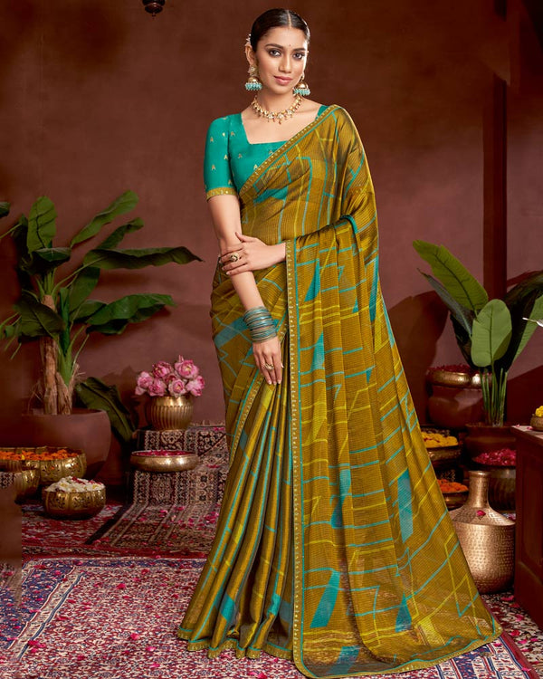 Vishal Prints Mustard Brown Printed Fancy Chiffon Saree With Border