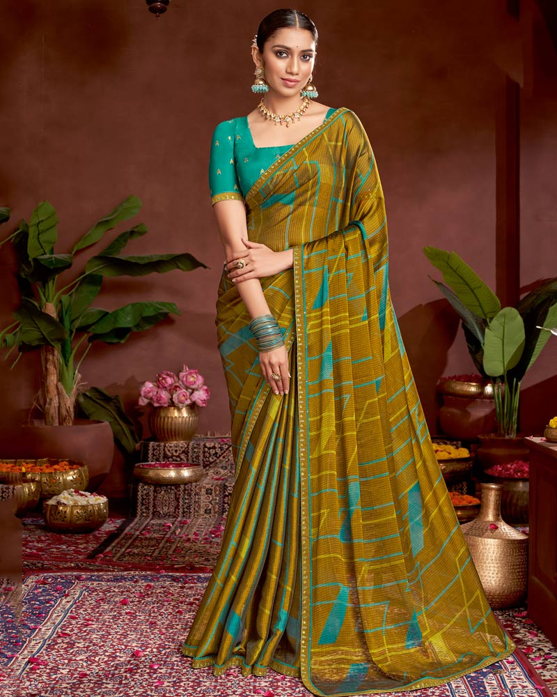Vishal Prints Mustard Brown Printed Fancy Chiffon Saree With Border