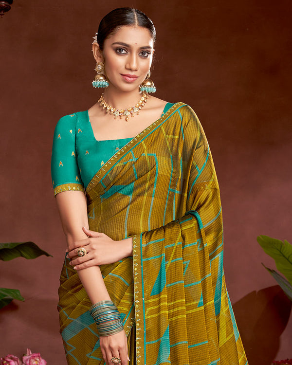 Vishal Prints Mustard Brown Printed Fancy Chiffon Saree With Border