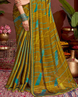 Vishal Prints Mustard Brown Printed Fancy Chiffon Saree With Border