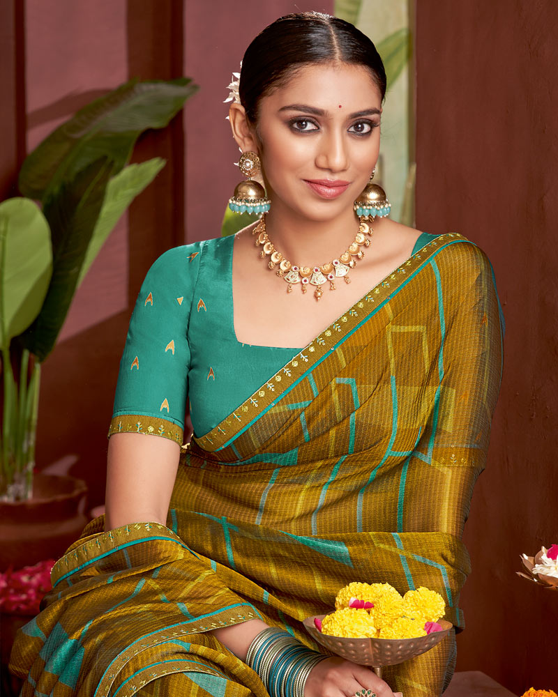 Vishal Prints Mustard Brown Printed Fancy Chiffon Saree With Border