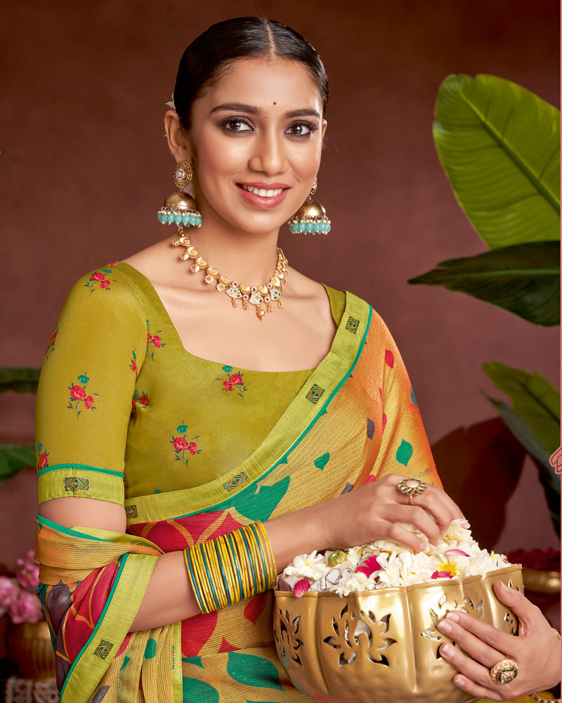 Vishal Prints Sandy Brown Printed Fancy Chiffon Saree With Border