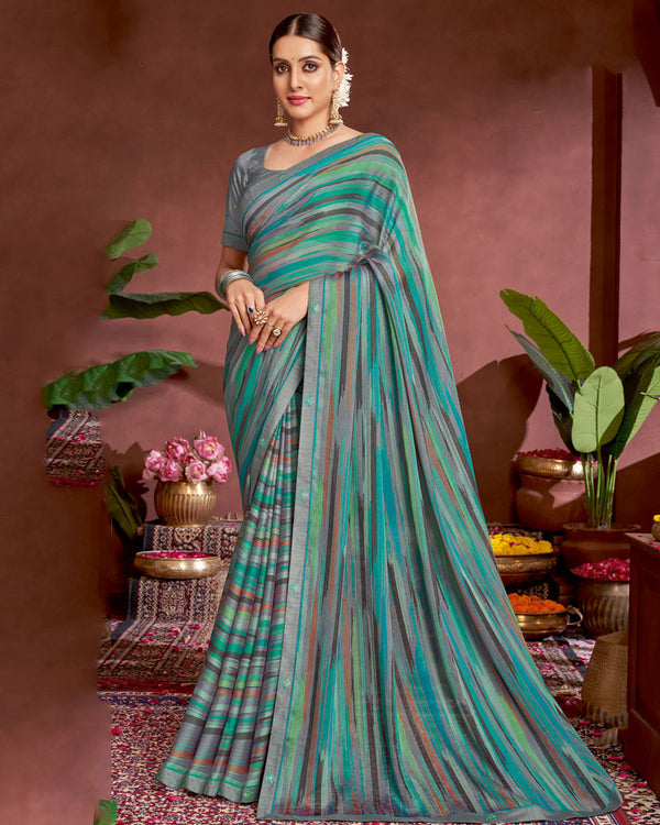 Vishal Prints Persian Green Printed Fancy Chiffon Saree With Border