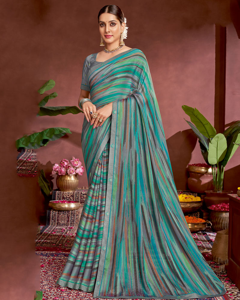 Vishal Prints Persian Green Printed Fancy Chiffon Saree With Border