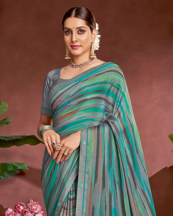 Vishal Prints Persian Green Printed Fancy Chiffon Saree With Border