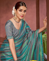 Vishal Prints Persian Green Printed Fancy Chiffon Saree With Border