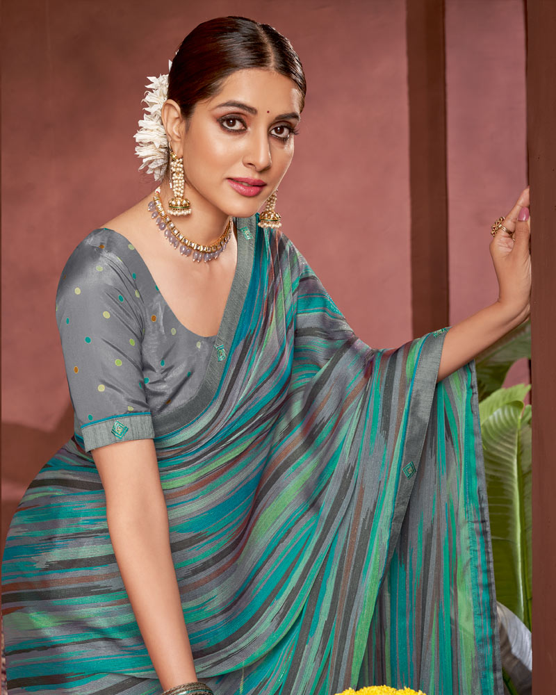 Vishal Prints Persian Green Printed Fancy Chiffon Saree With Border