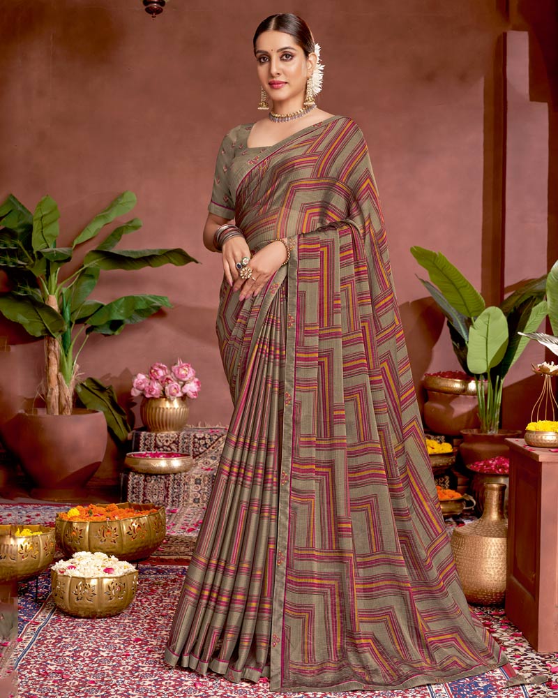 Vishal Prints Dusty Brown Printed Fancy Chiffon Saree With Border