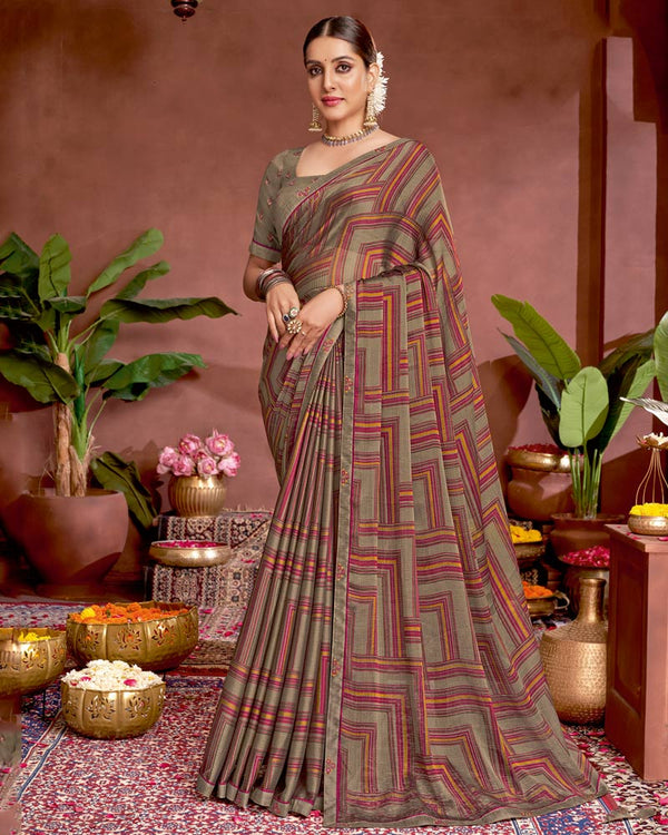 Vishal Prints Dusty Brown Printed Fancy Chiffon Saree With Border