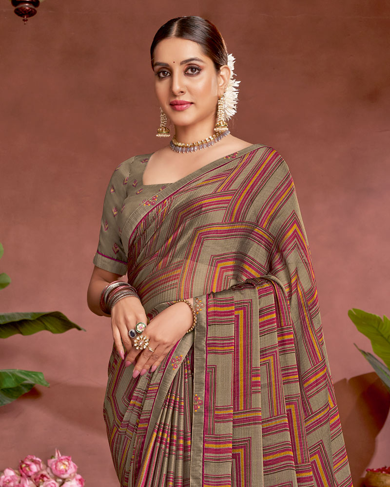 Vishal Prints Dusty Brown Printed Fancy Chiffon Saree With Border