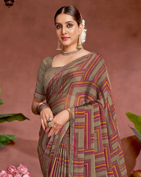 Vishal Prints Dusty Brown Printed Fancy Chiffon Saree With Border