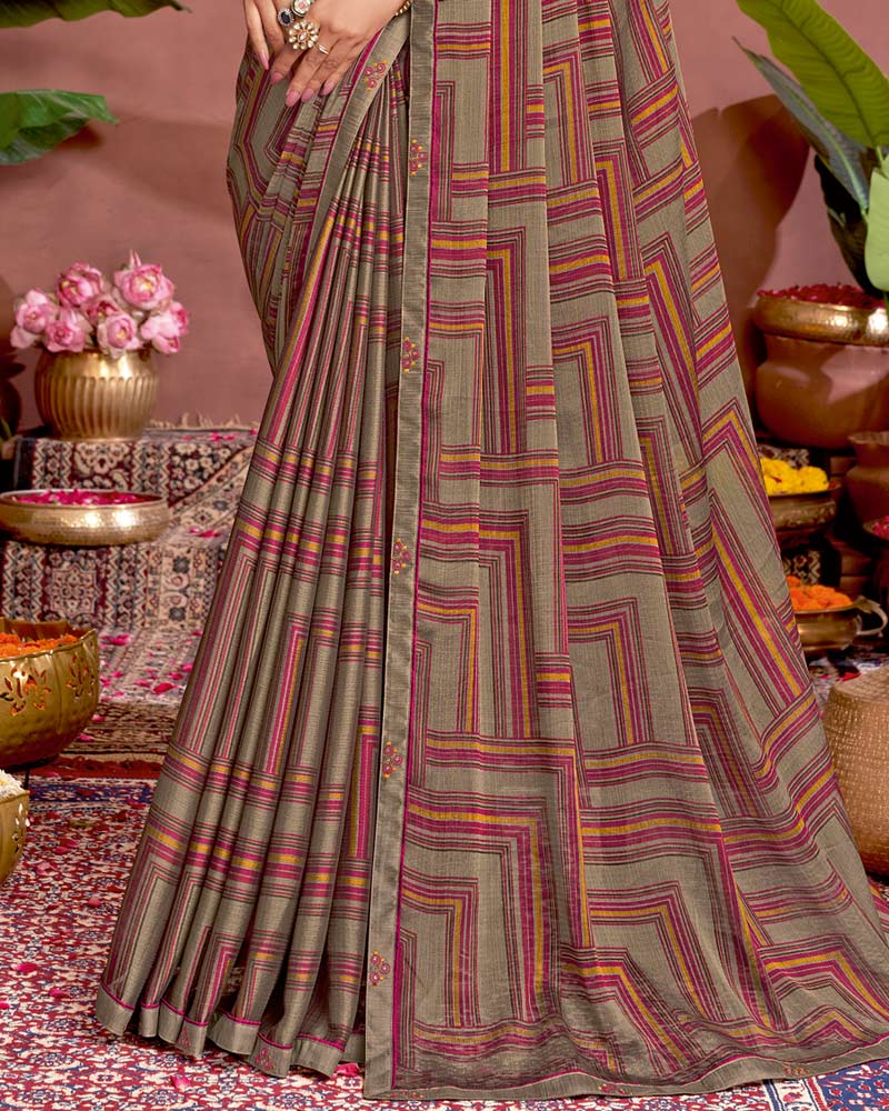 Vishal Prints Dusty Brown Printed Fancy Chiffon Saree With Border