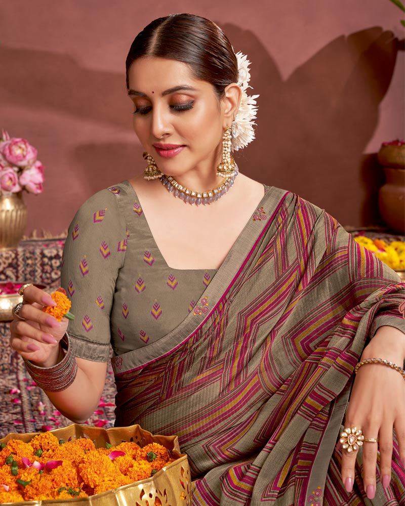 Vishal Prints Dusty Brown Printed Fancy Chiffon Saree With Border